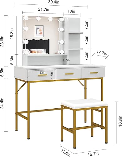 Miniatura 7 de Mesa de tocador con espejo iluminado, 3 cajones, escritorio de maquillaje con mucho almacenamiento, juego de tocador con taburete acolchado más