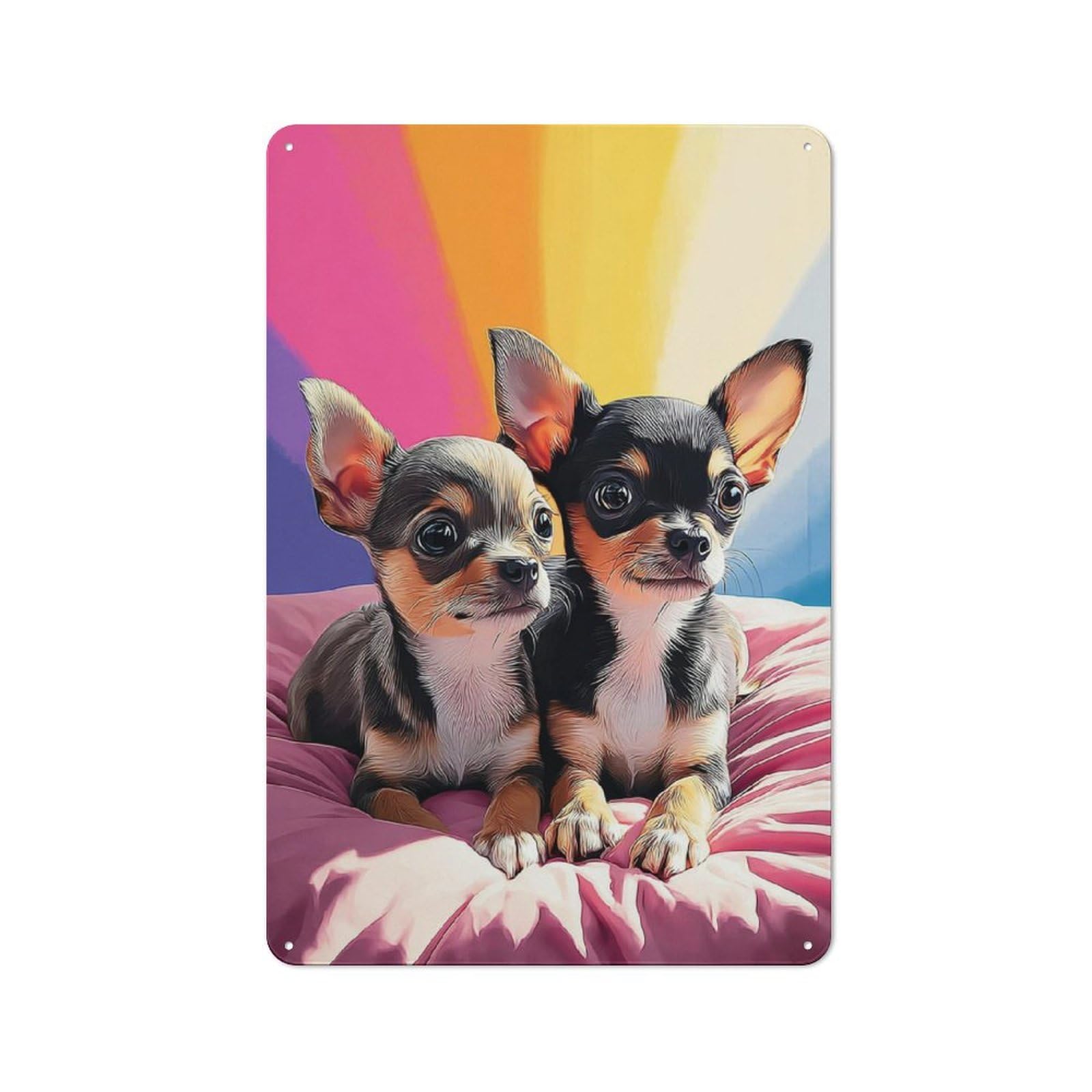 Junmoney Chihuahua Puppies On Rainbow Background Country Vintage Metal Wall Decor 30X20cm, Farmhouse Metal Sign For Kitchen, Cottage, Porch Or Garden Room
