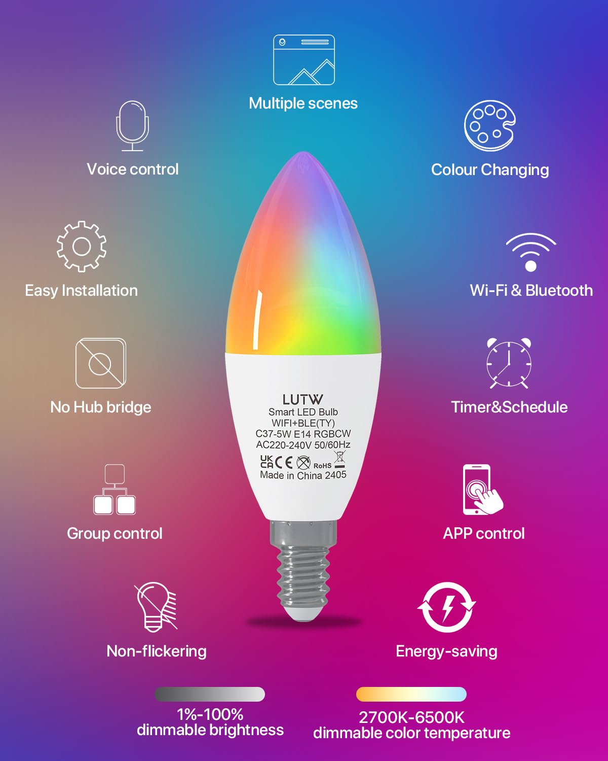 LUTW Smart Light Bulb E14, 5W 470LM C37 Alexa Light Bulbs E14, Color Changing Light Bulb - Image 4