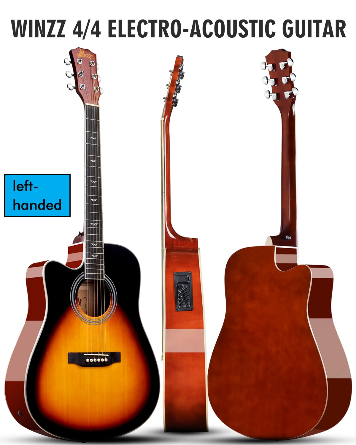 Winzz 4/4 Electro Acoustic Guitar, Left-Handed Western Guitar Set, Adult Beginners, Acoustic Guitar 41 Inch with 4-Band Equaliser (Dreadnought,Glossy Sunburst)