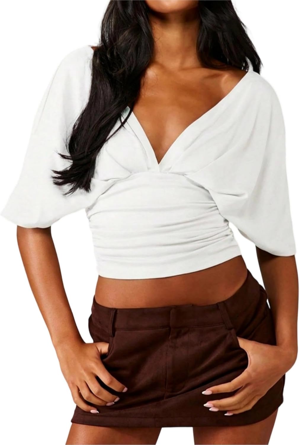 SOLY HUX Women's Deep V Neck Crop Top Short Sleeve Fitted Casual Blouse Going Out Shirts