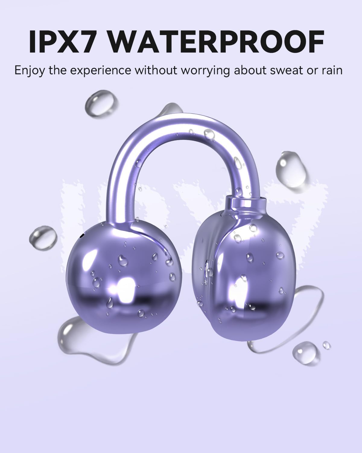ANSTEN Q40 earbud with water droplets, indicating IPX7 waterproof rating