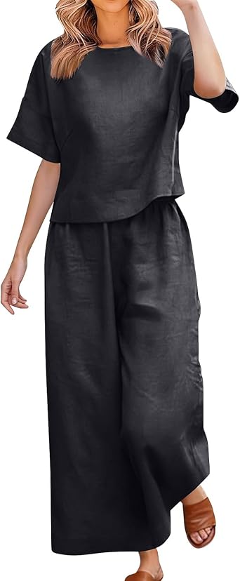 Linen Sets for Women 2 Piece - Womens Boat Neck Short Sleeve Shirts Summer Wide Leg Breathable Cotton Linen Pant Sets