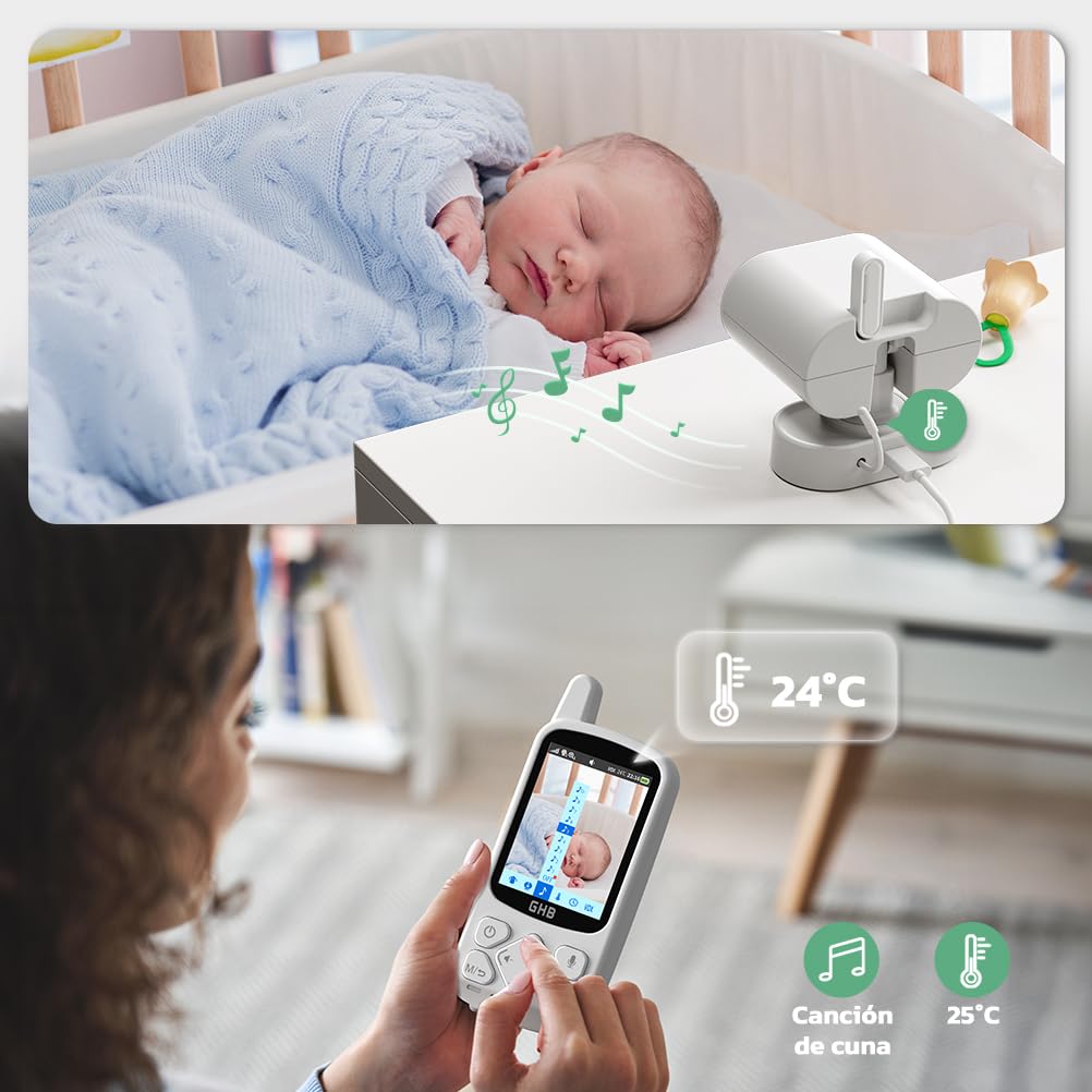 GHB Camara Vigilancia Bebe Vigilabebes con Camara con Pantalla IPS 2.8" 720P Recargable de 2000mAh Visión Nocturna 8 Canciones de Cuna Comunicación Bidireccional VOX Escucha Bebes