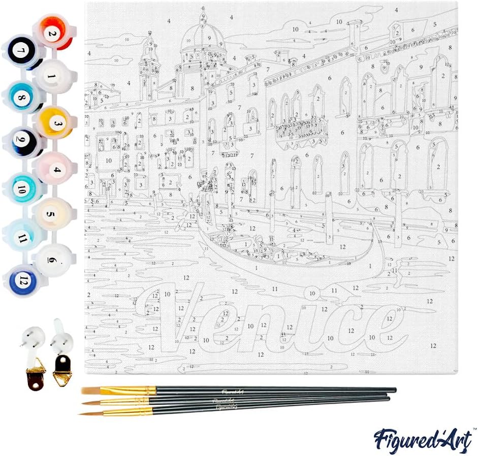 Figured'Art Mini Paint by Numbers Kit for Adults with Frame Travel Poster Venice Small Format 8"x8" - Craft Art Painting DIY Canvas Already Stretched on a Wooden Frame