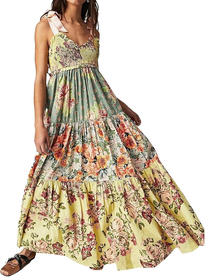 Women Floral Maxi Dress Sleeveless Tie Shoulder Bohemian Smocked Flowy Dress Bridesmaid Boho Summer Y2K Sundress with Pockets