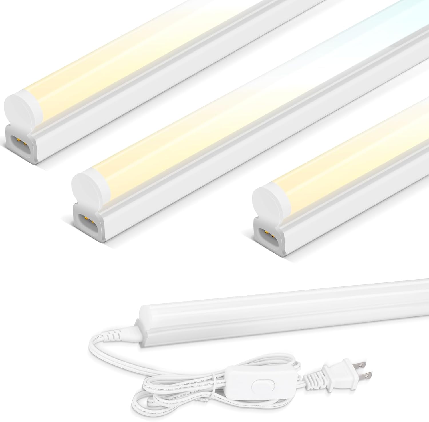 2FT T5 LED Shop Lights and Under Cabinet Lights, 9W 1000LM 3CCT Selectable LED Integrated Single Fixture, Corded Electric with ON/Off Switch, 4-Pack 2FT-3CCT-4PCS