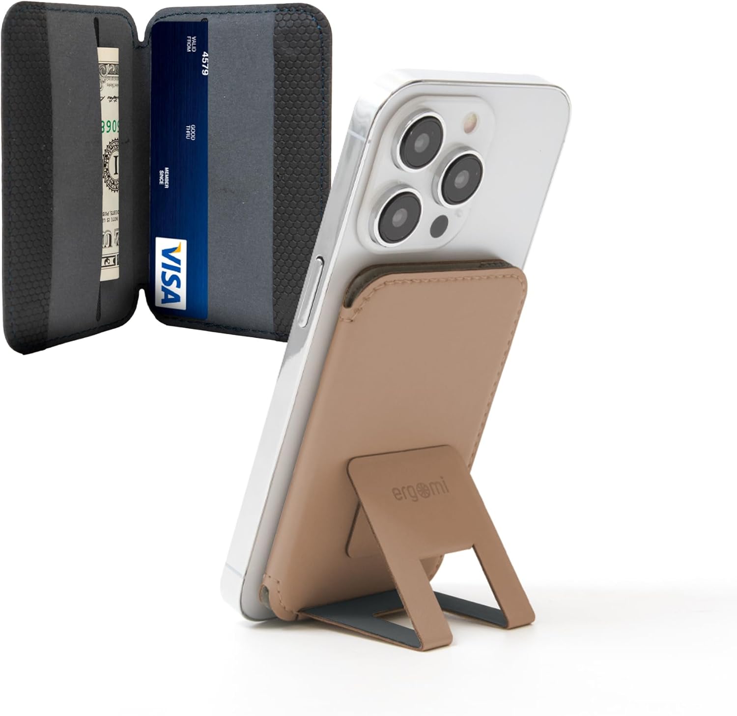 ergomi Magnetic Phone Flip Wallet Stand, Compatible with MagSafe Wallet, for iPhone 16/15/14/13/12 Series, Phone Magnet Rings Included, with 3 Viewing Angles, Card Holder, Ares+, Khaki