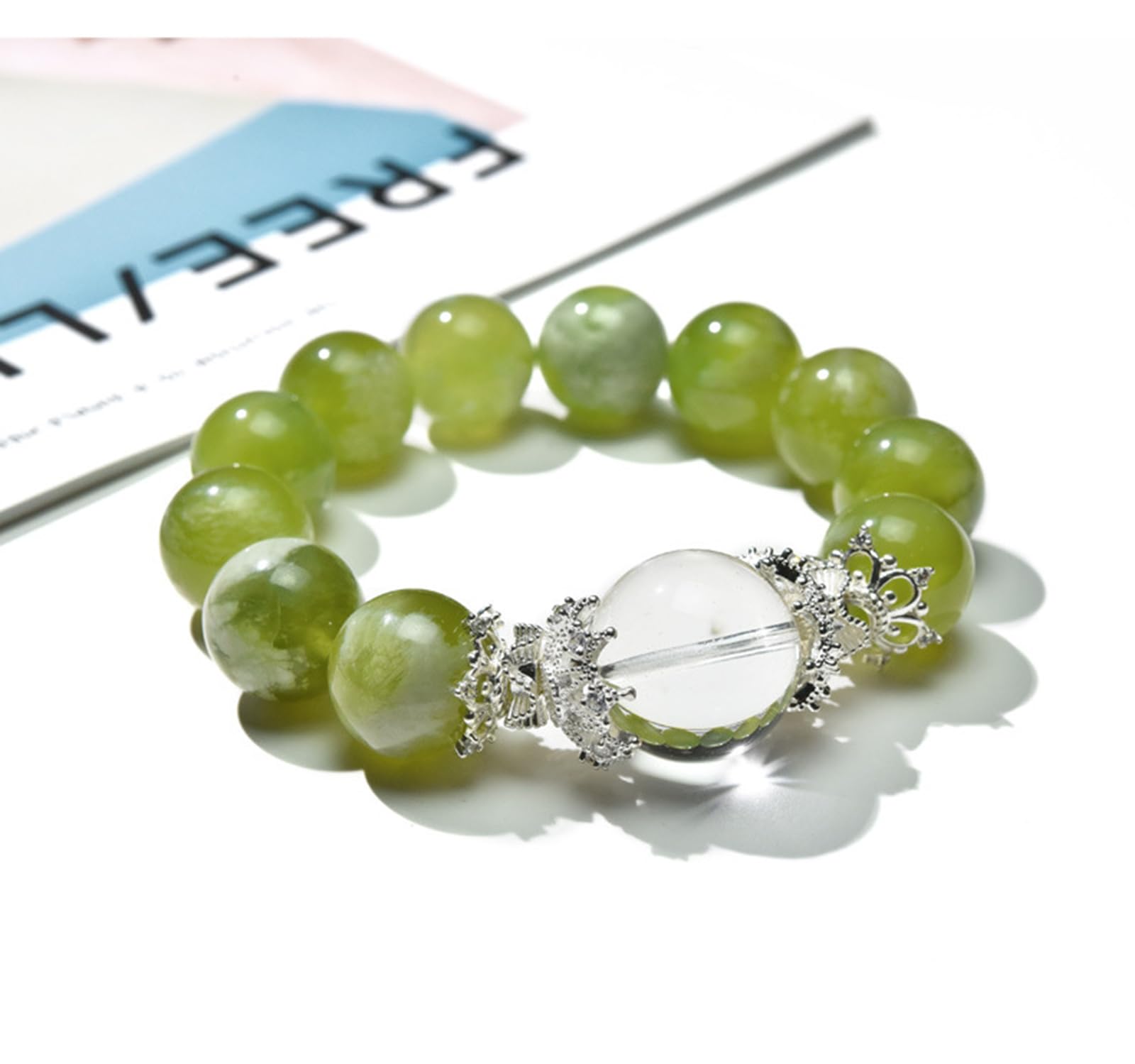 Pulsera de Cristal con Cuentas – Joyería de energía curativa Hecha a Mano – Pulsera de Cristal de Espuma de Leche de UVA Verde Natural para Mujer,12.5mm