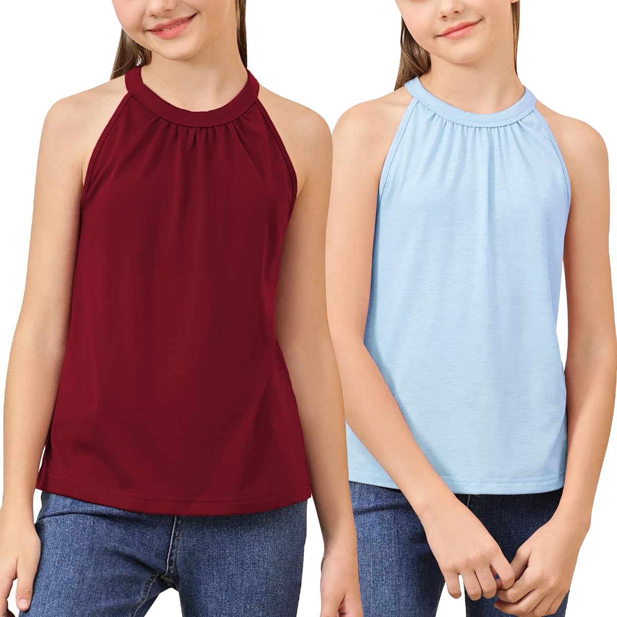 GORLYA 2 Pack Girls Halter Neck Summer Sleeveless Shirt Multipacks Casual Curvy Tank Tops for 6-14Y