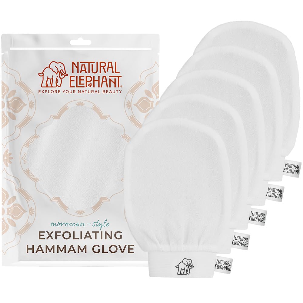 Natural Elephant Exfoliating Hammam Glove | Authentic Moroccan Kessa Body Scrub Mitt for Spa-Quality Skin Renewal | Pearl White 5 Pack