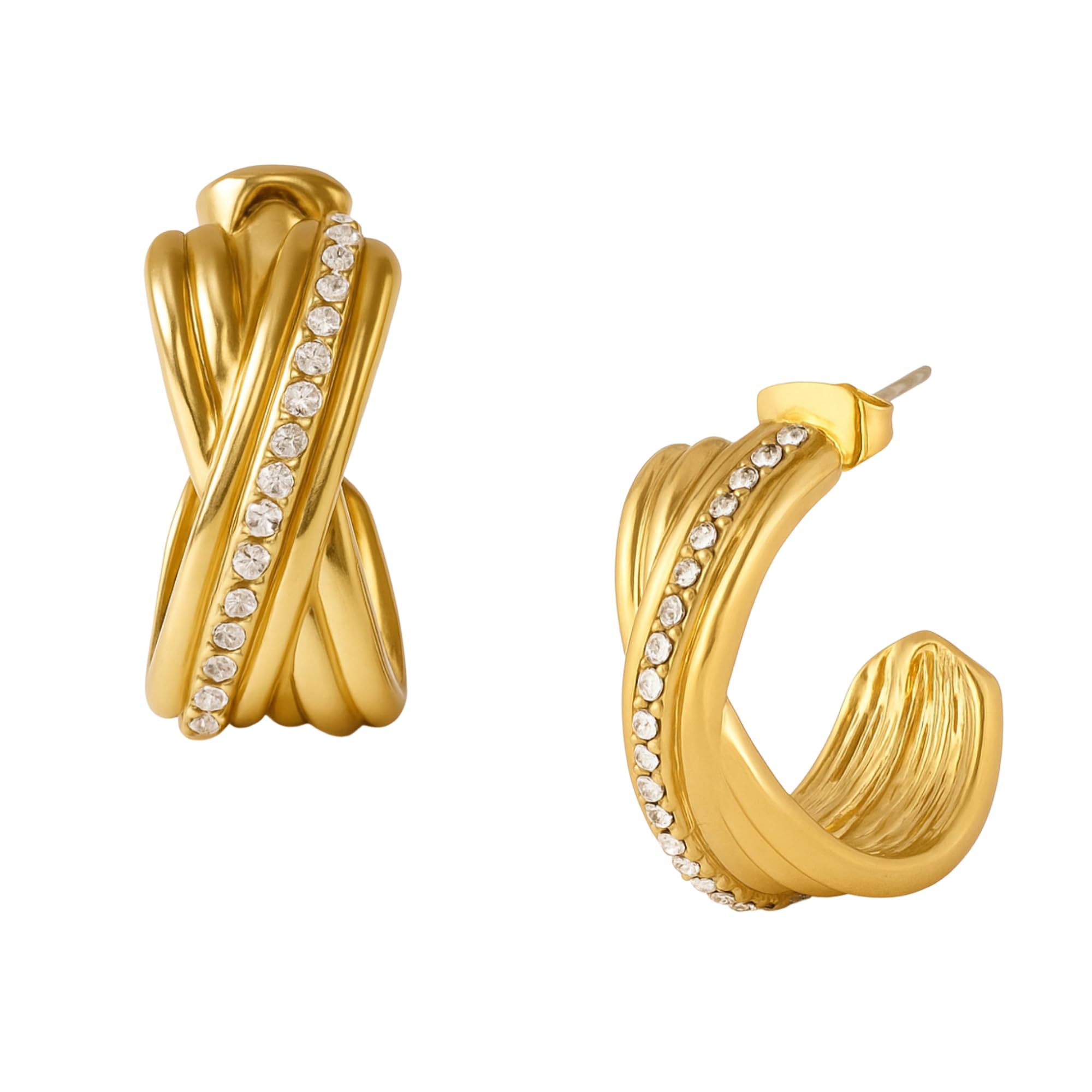 Celeste Cross Hoops, 14K Real Gold Plated, Criss-Cross Hoop Earrings for Women with Crystal Accents, Gold Hoop Earrings, Hypoallergenic, Water-Resistant, Non-Tarnish, 25 mm x 11.45 mm-image-2