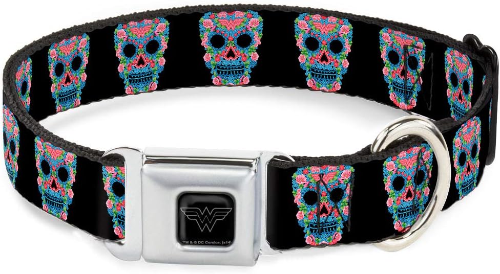 Buckle-Down Seatbelt Buckle Dog Collar - Wonder Woman Floral Skull Black/Multi Pastel - 1" Wide - Fits 15-26" Neck - Large