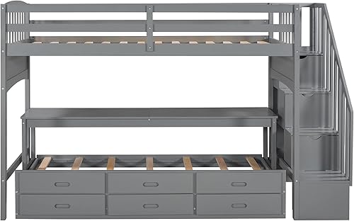 Miniatura 4 de OYN Escalera Twin XL alta con cama nido individual 3 cajones escalera de almacenamiento estantes y escritorio largo barandilla de protección para