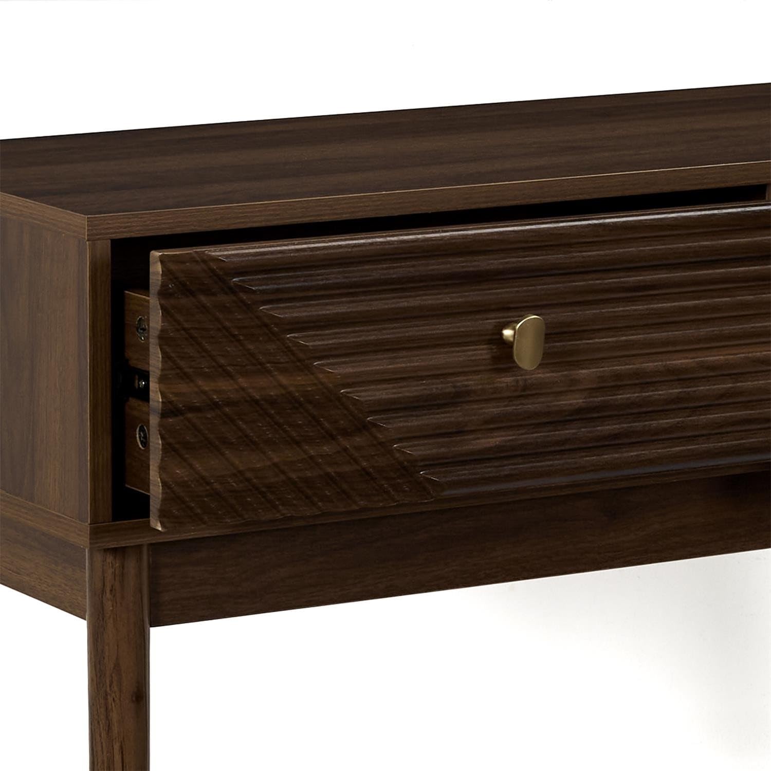Consola con frentes geométricos color nogal oscuro con 2 cajones asas diseño delgado pasillo sala de estar dormitorio retro moderno