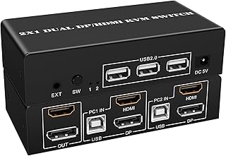 HDMI DP KVM Switch 2 Monitors 2 Computers 4K@60Hz Dual Monitors 2 Computers HDMI+Displayport KVM Switch for 2 Computer Share 2 Display and 3 USB2.0 Devices Wired Remote and 4 Cables Included