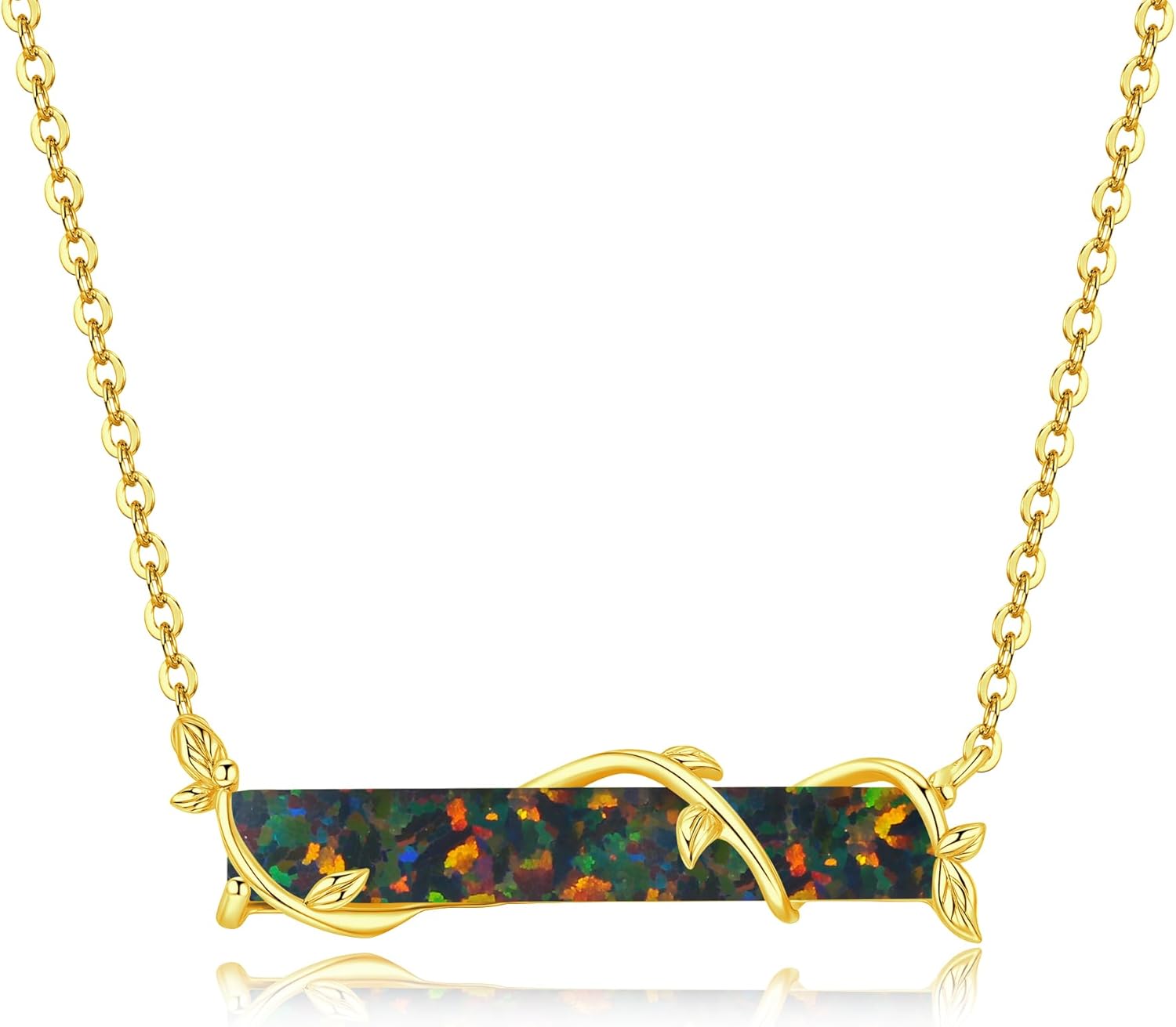 CiNily Bar Necklace Leaf Bar Pendant for Women Teen, Opal Pendant Necklace with Adjustable Chain White/Blue Opal Jewelry Gift, 14K White Gold | Yellow Gold