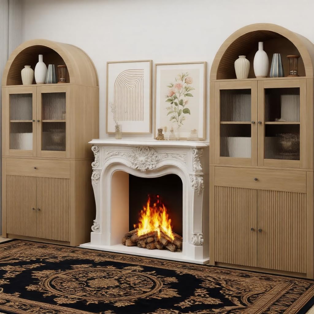 SIDUCAL 71" Tall Arched Pantry Cabinet with Acrylic and Fluted Doors, Wooden Arched Kitchen Pantry Cabinet with Adjustable Shelves for Living Room or Bathroom Storage, Natural