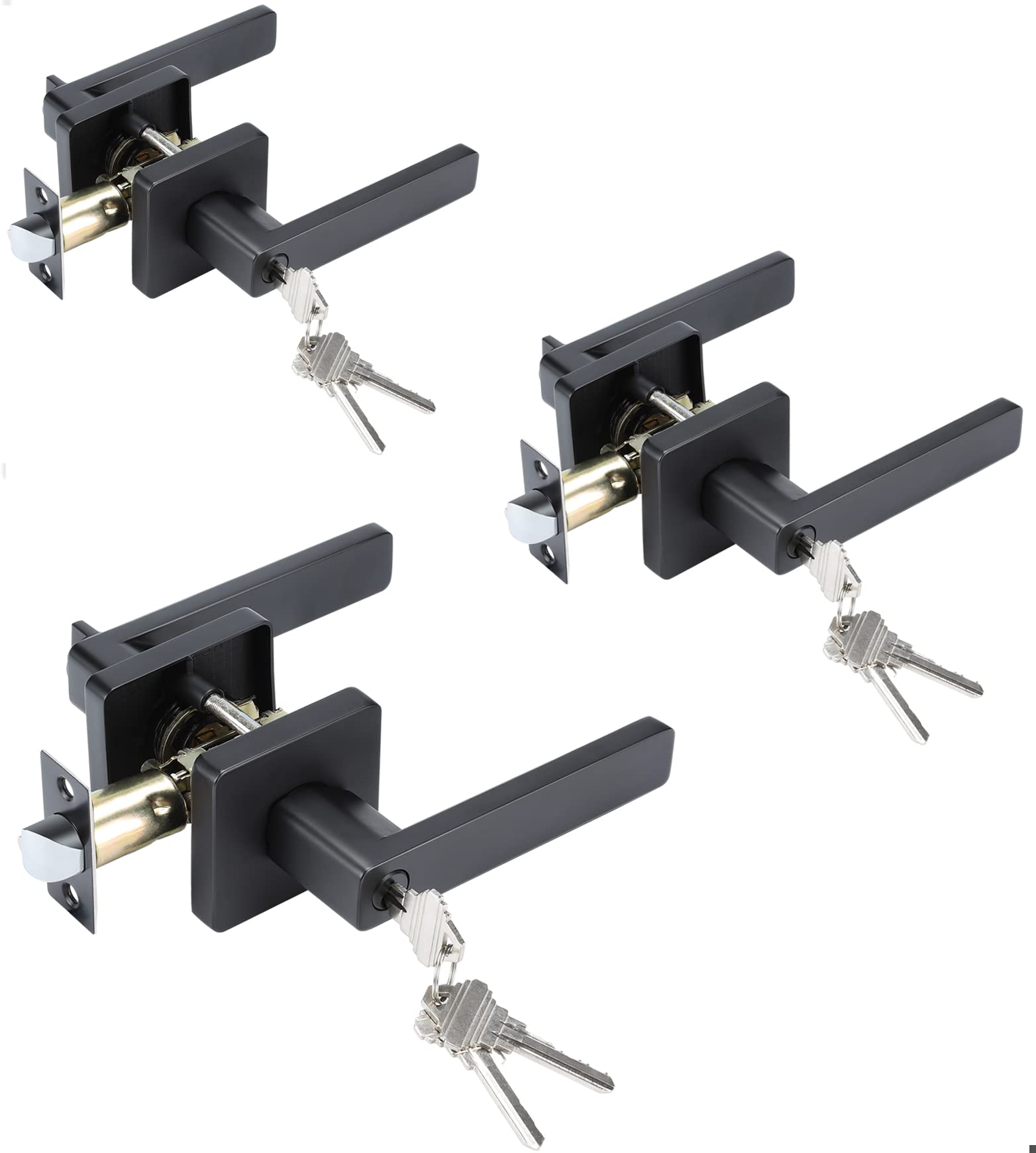 goldenwarm Lever Door Handle with Lock and Key, Door Lever with Lock, Locking Entry Lever Door Handle, Heavy Duty Door Lock Lever with Key, Exterior Door Lever Handle(3 Pack, Matte Black)