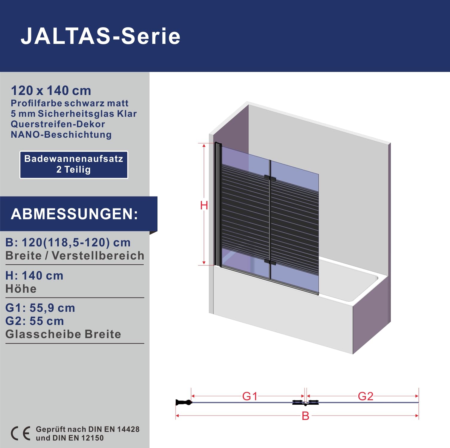 AQUABATOS paravento per vasca da bagno senza foratura nero opaco 120 x 140 cm parete doccia in vetro di sicurezza 5 mm, fissaggio per vasca pieghevole con rivestimento NANO