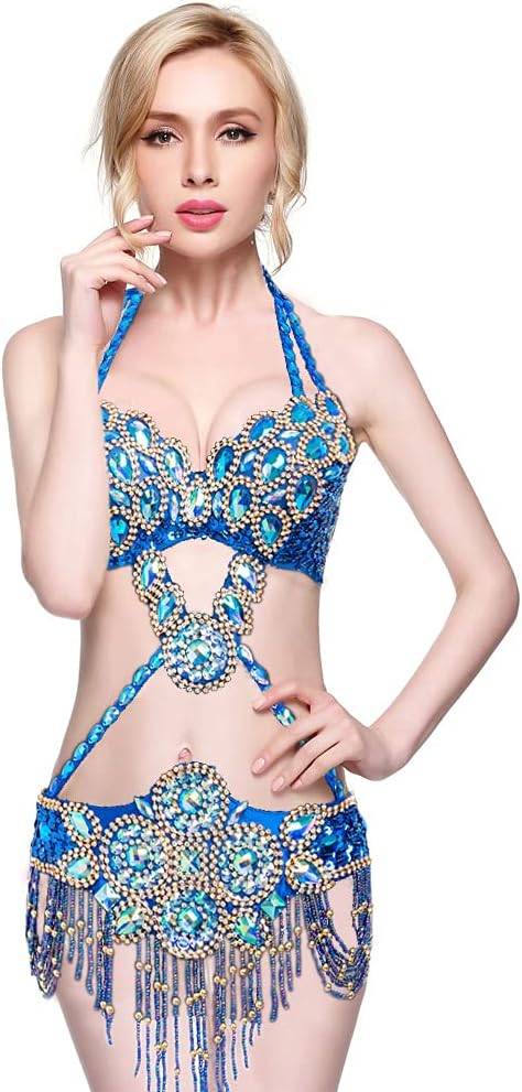 ROYAL SMEELA Belly Dance Costume for Women Tribal Belly Dance Bra and Belt Set Rhinestone Bra Top Sequin Belt Carnival Outfit