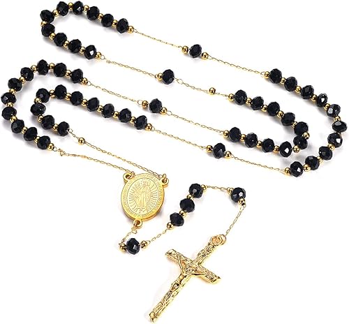 FaithHeart Collar de cruz de rosario cristiano para mujeres y hombres, acero inoxidable para orar rosario en Y, caja de regalo