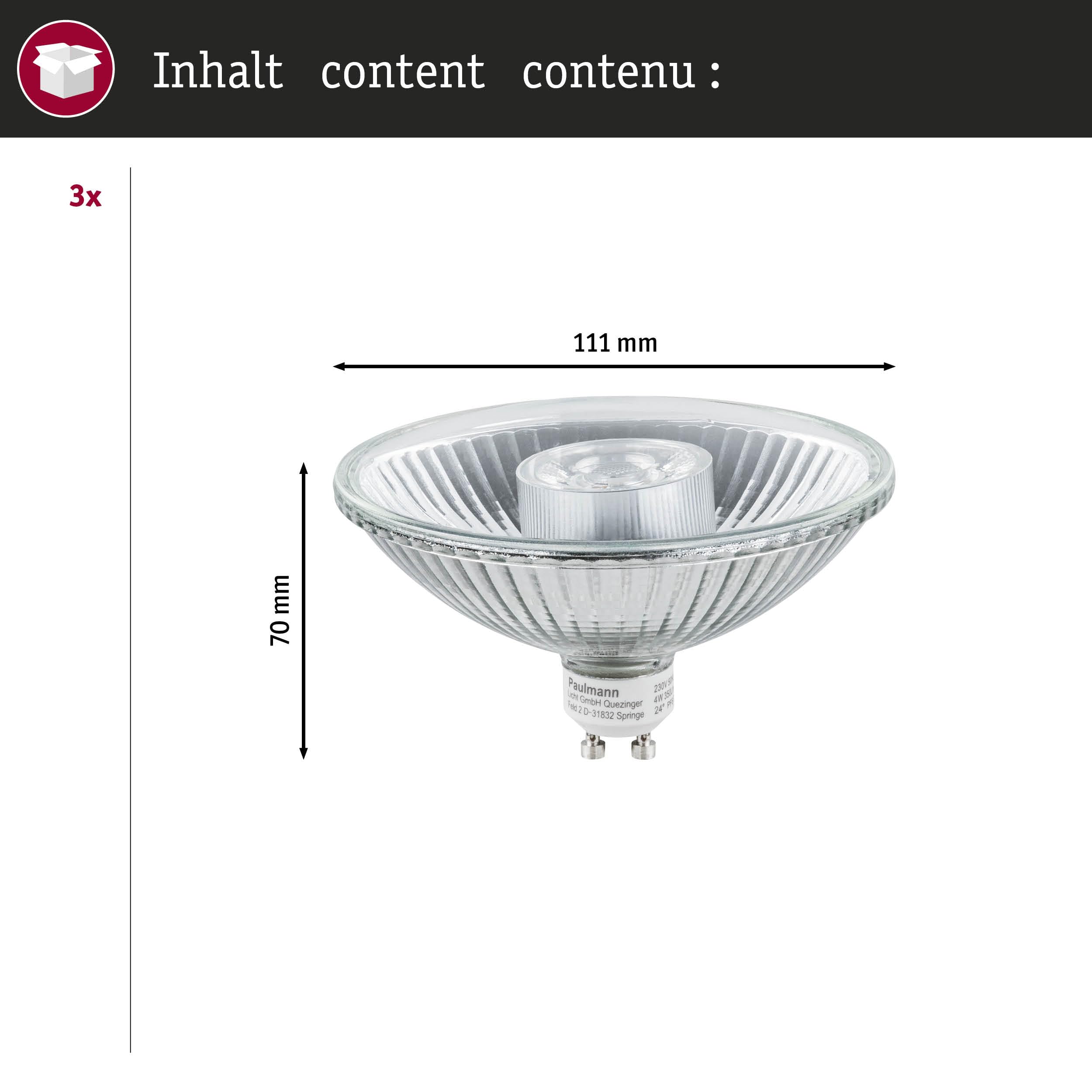 Paulmann 5229 Set Standard 230V LED Reflektor QPAR111 GU10 3x425lm 3x6,5W 2700K dimmbar Silber