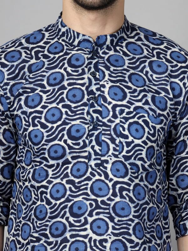 Image of Vastraa Fusion Men's Handloom Weaving Pure Cotton Short Kurta, Round Collar, Full Sleeves,Button Kurta, Ethnic Wear