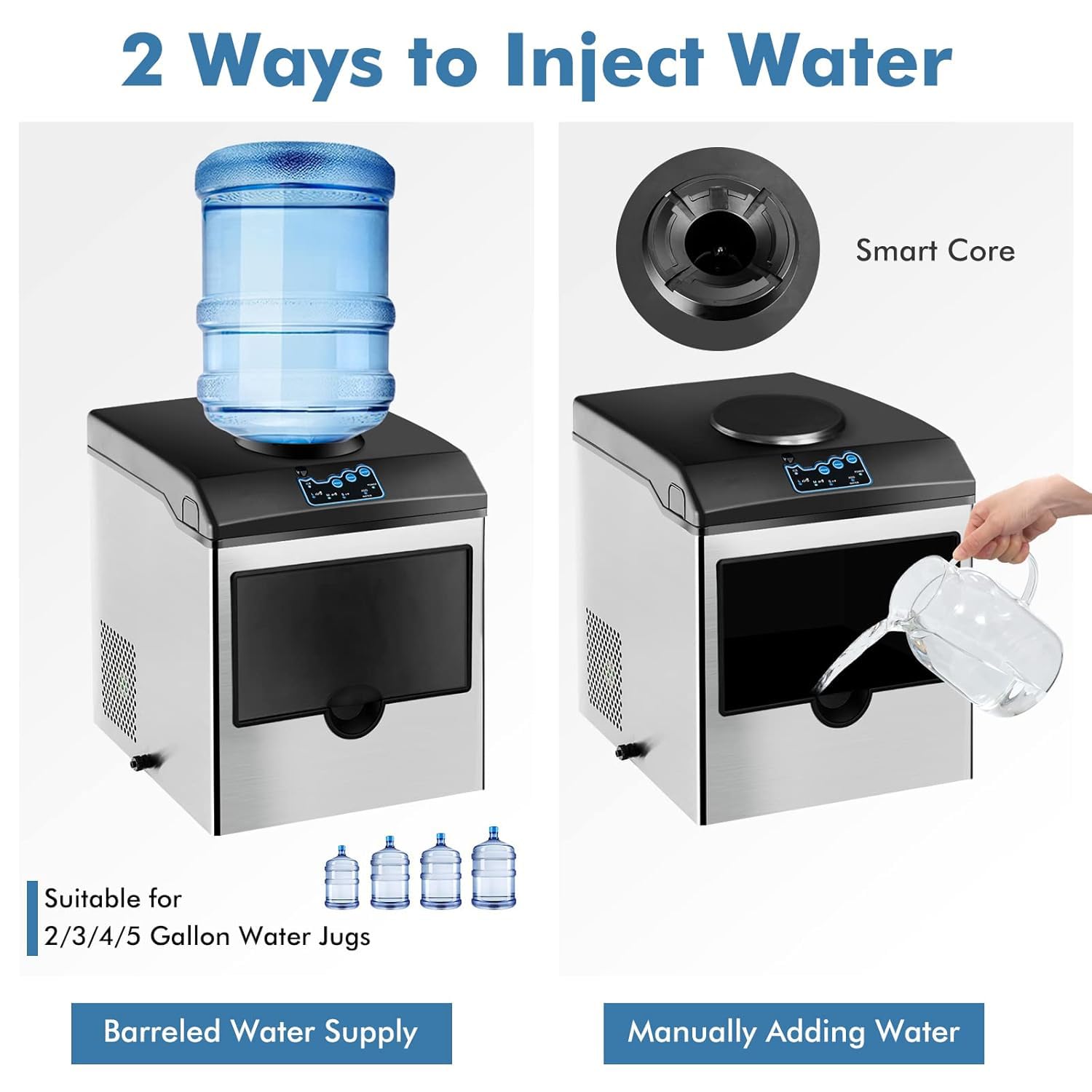 Macchina per il produttore di ghiaccio 48LBS Daily Ice in 8 minuti Distributore di acqua fredda in acciaio senza insalate Auto-Piene per Home Office Bar Par Quick Freeze Efficiente Cestino di sto incl
