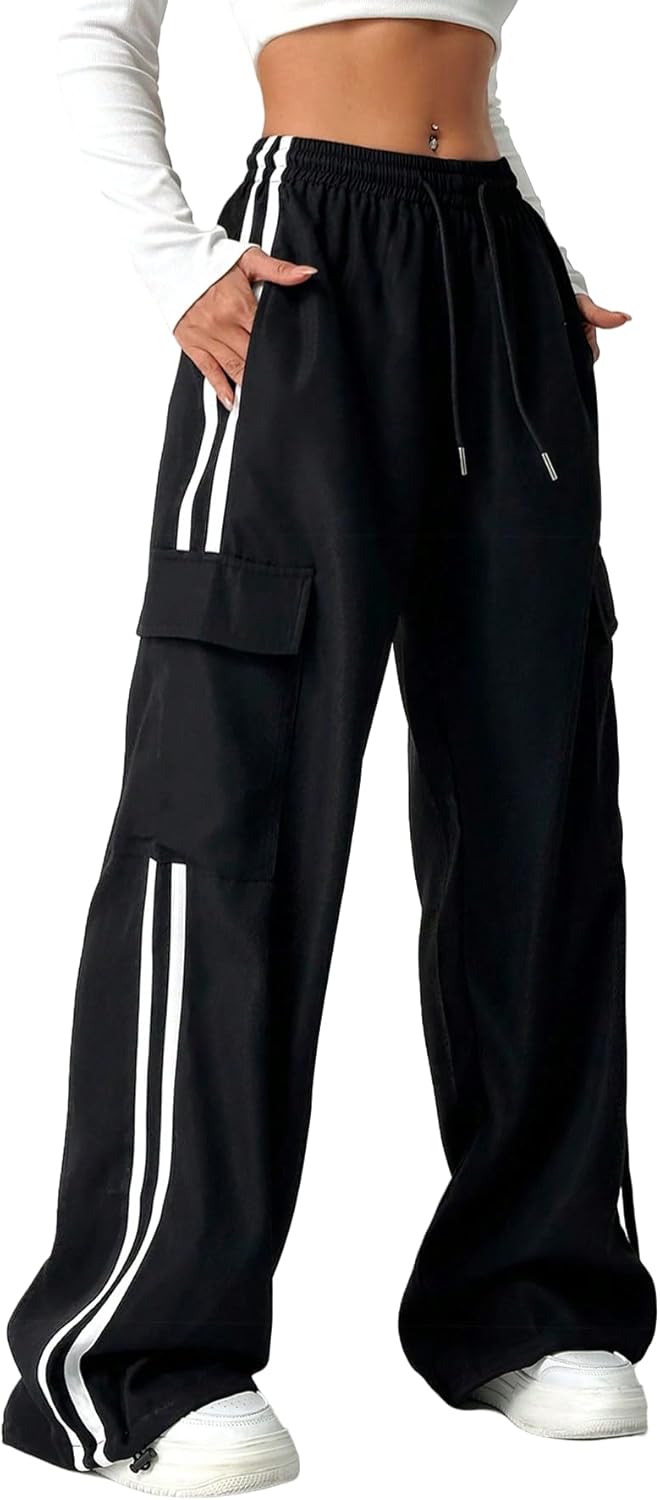 QJQ Women's Cargo Pants Baggy Wide Leg Drawstring Waist Striped Track Pants with Pockets Athletic Joggers Streetwear