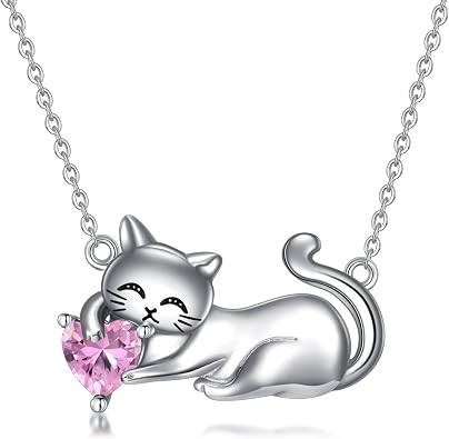 LONAGO Cat Necklace with Birthstone 925 Sterling Silver Cat Pendant Necklace Gift for Women
