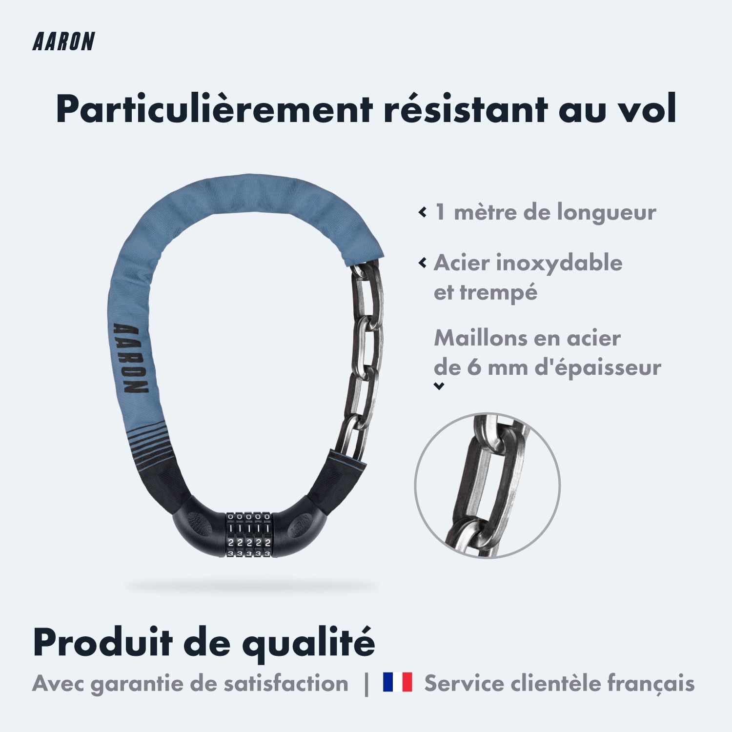 AARON - Antivol pour vélo Lock One à Combinaison à 5 Chiffres - Chaine en Acier/Niveau de sécurité élevé - pour vélo électrique/VTT/VTC/vélo de Ville/vélo de Course/véhicule électrique