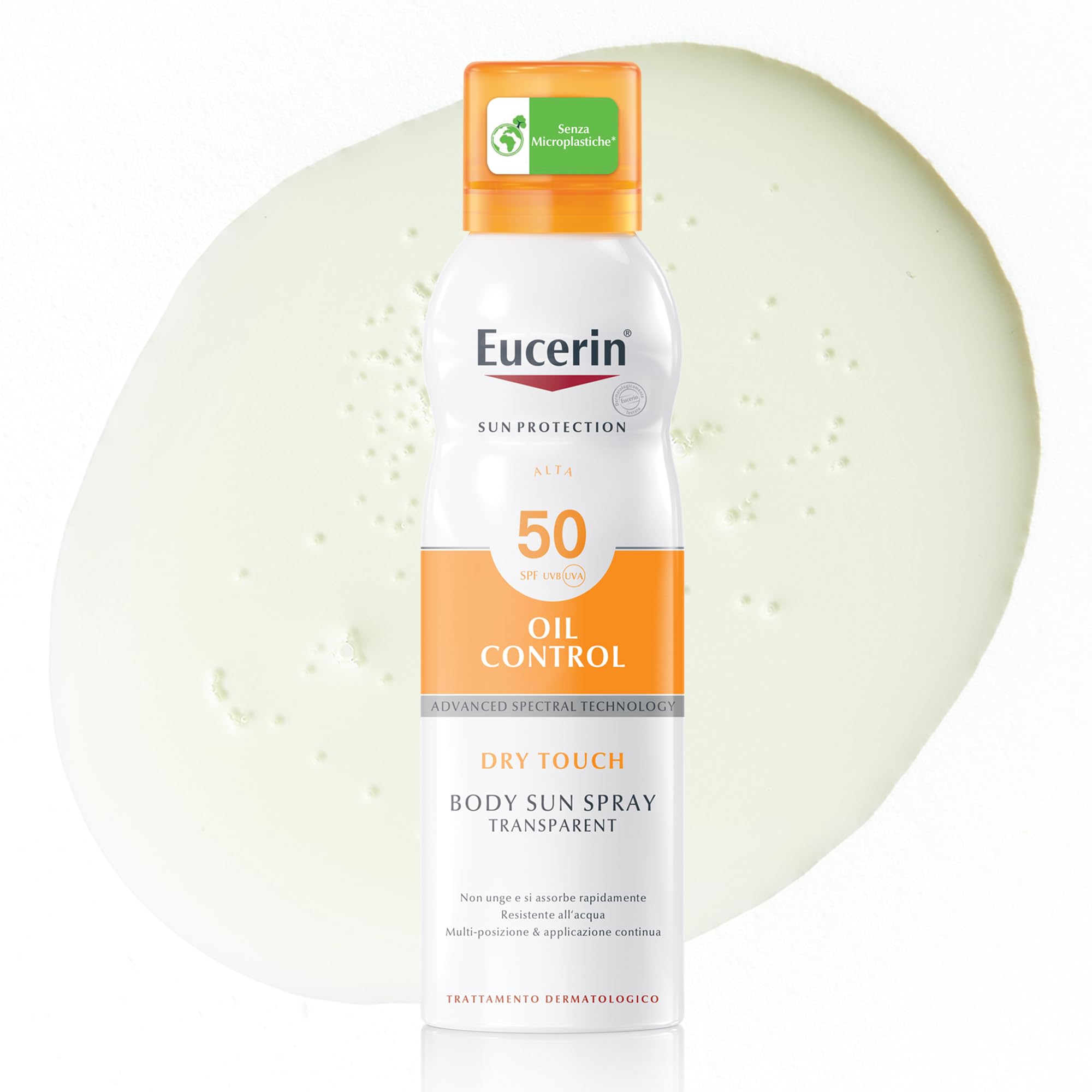 Eucerin Oil Control Body Sun Transparent Dry Touch SPF 50 200 ml, Crema solare 50 spray con filtri UVA/UVB, Protezione solare 50 spray trasparente per pelle sensibile e acneica