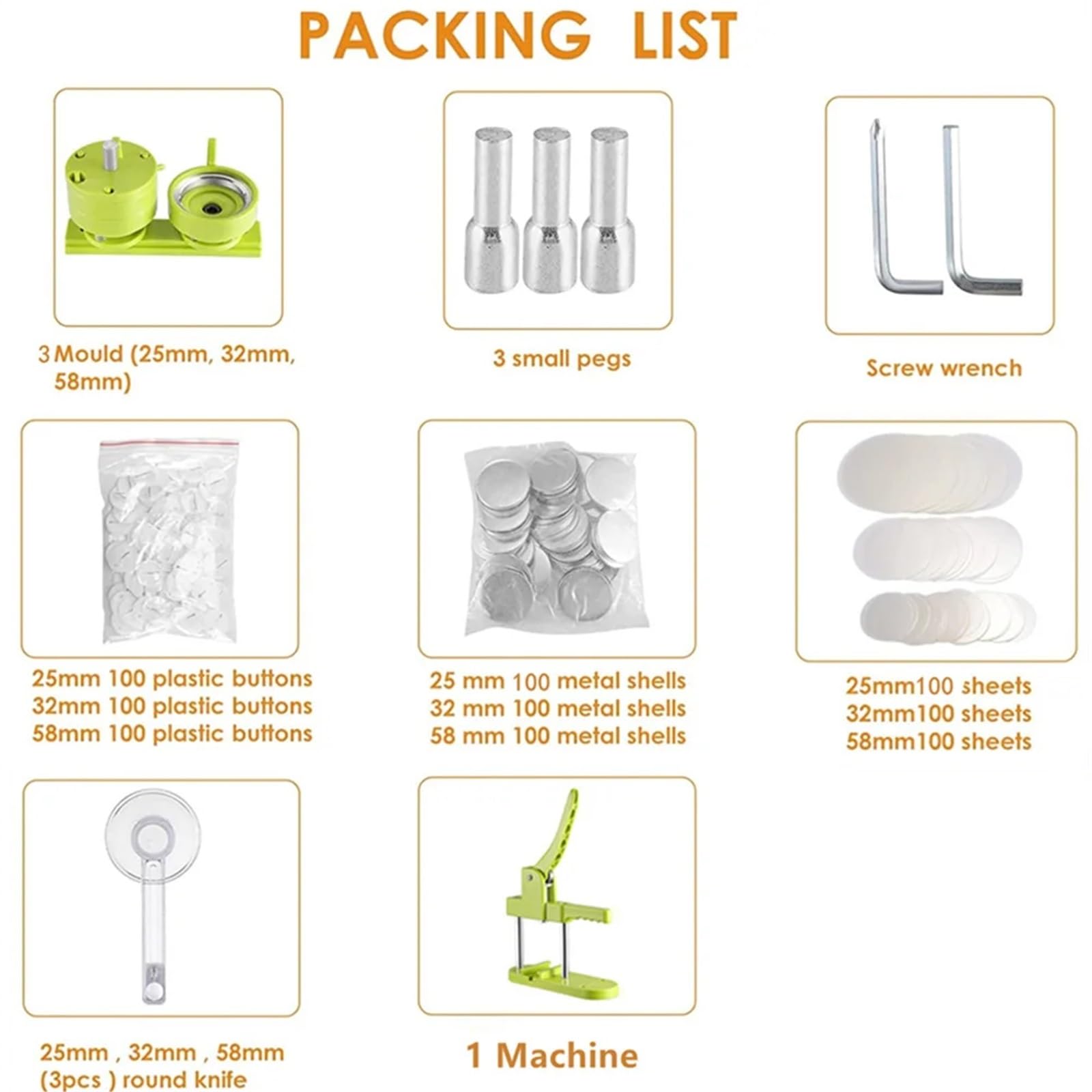 Pin Badge Making Kit Macchina per la creazione di bottoni distintivi da 25 + 32 + 58 mm Para parti di bottoni da 300 pezzi + taglierina circolare + stampo(25MM)