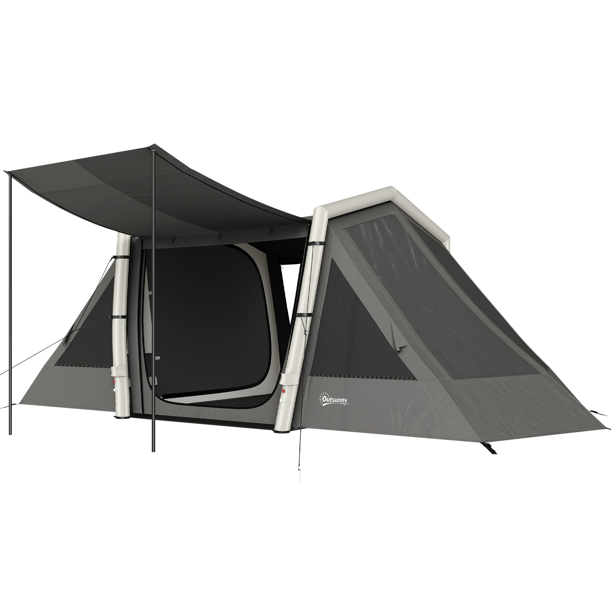 Outsunny Blackout, tenda gonfiabile da campeggio per 4 persone, tenda ad aria, lunga 5,8 m, con 2 camere da letto e soggiorno, impermeabile, 3000 mm, con pompa, tettoia e picchetti fluorescenti