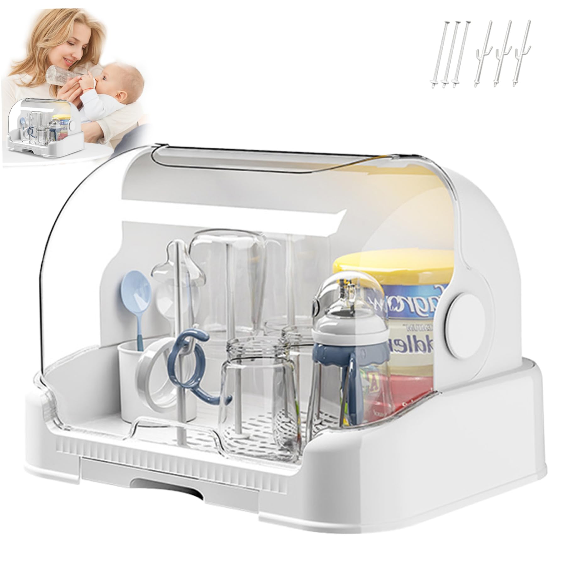 Rangement de biberon, Grand Organisateur de biberon avec Couvercle ＆ Plateau vidange Amovible, Porte-séchage Portable à poussière pour Armoire Cuisine, Organisateur