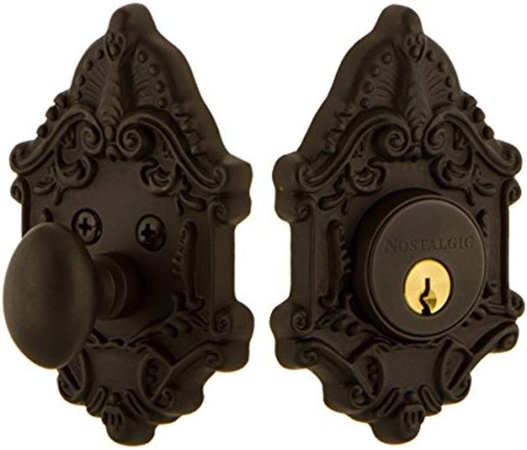 Nostalgic Warehouse 726058 Victorian Plate Single Cylinder Deadbolt Victorian Door Knob in Oil-Rubbed Bronze,