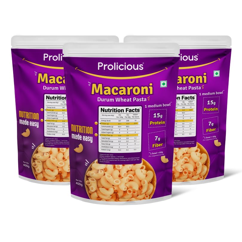 Image of Prolicious Durum Wheat Macaroni Pasta |106g Protein & 50g Fibre per pack |No Maida | Vegan | Pack of 3