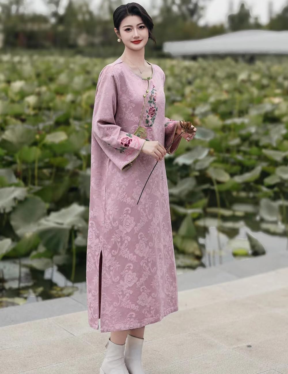 Women Asian Traditional Floral Embroidered Maxi Cheongsam Dress Long Sleeve Qipao