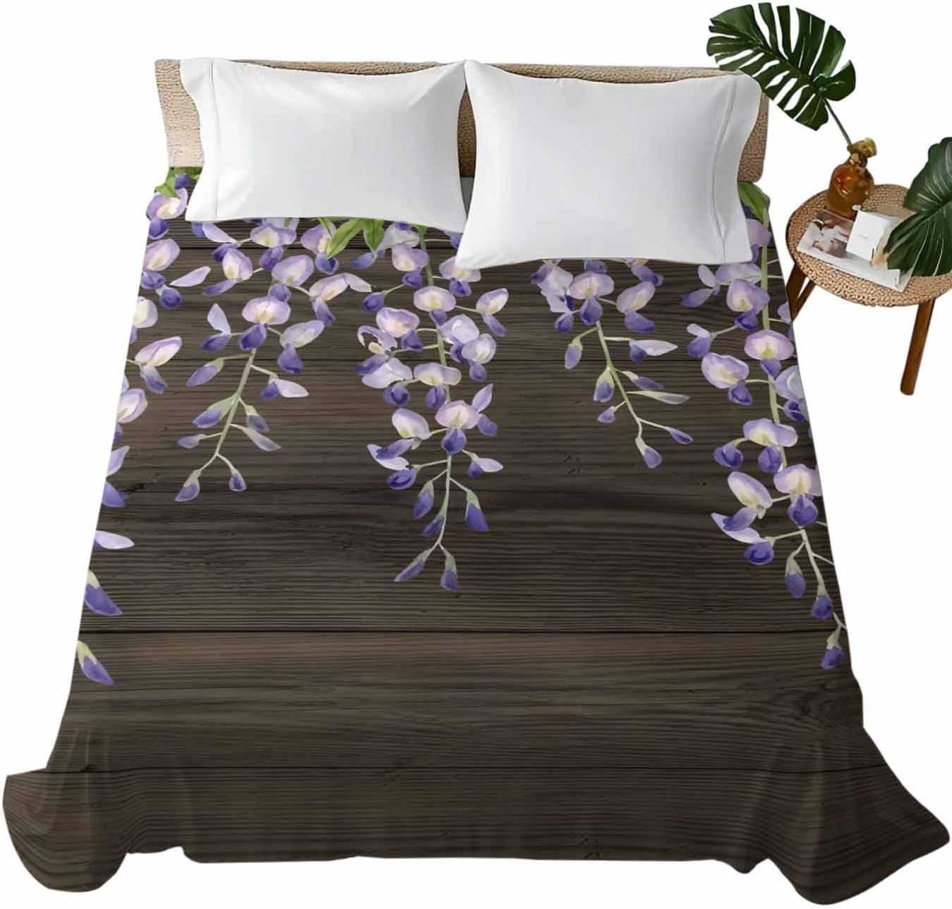 Queen Flat Sheet, Purple Flowers Queen Bed Sheets Only, Soft Microfiber Flat Sheet, Weeping Spring Floral Wooden Pastoral Hotel Quality Bedding Top Sheet Bedroom Home Dorm Decor