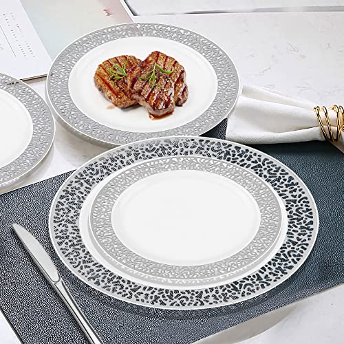 Bayzz 100 Pieces Silver Plastic Plates, 50 10.25 Inch Dinner Plates And 50 7.5 Inch Dessert Plates, Disposable Plates For Party, Heavy Duty Silver Plates, Wedding Plates, Party Plates With Lace Design #TOP3