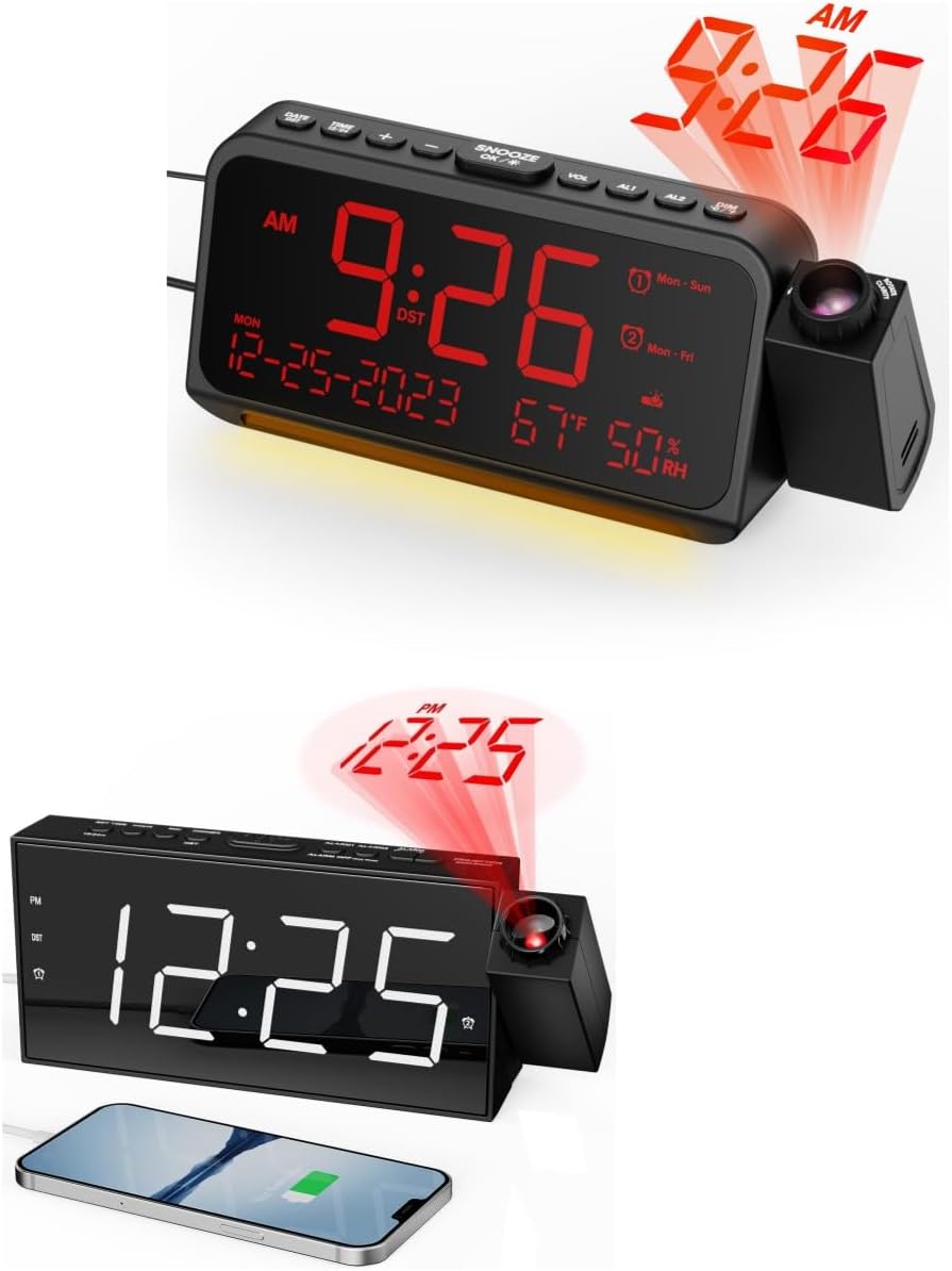 Mesqool Projection Alarm Clocks with Type C Port +Projection Alarm Clocks for Bedroom(Red Projection)