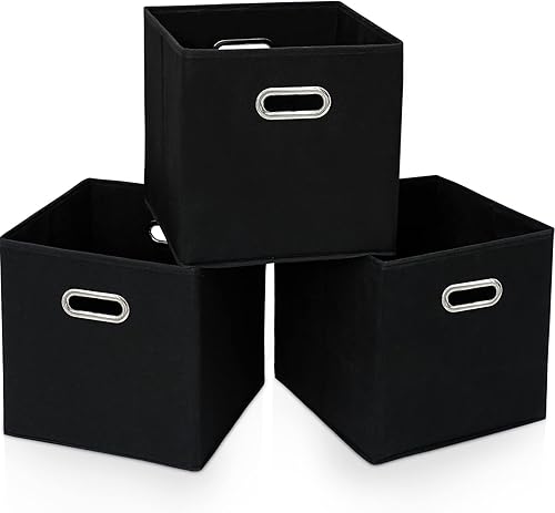 Contenedores organizadores de tela negra de 13 pulgadas, canastas plegables con asas dobles y caja de almacenamiento, juego de 3, color azul marino