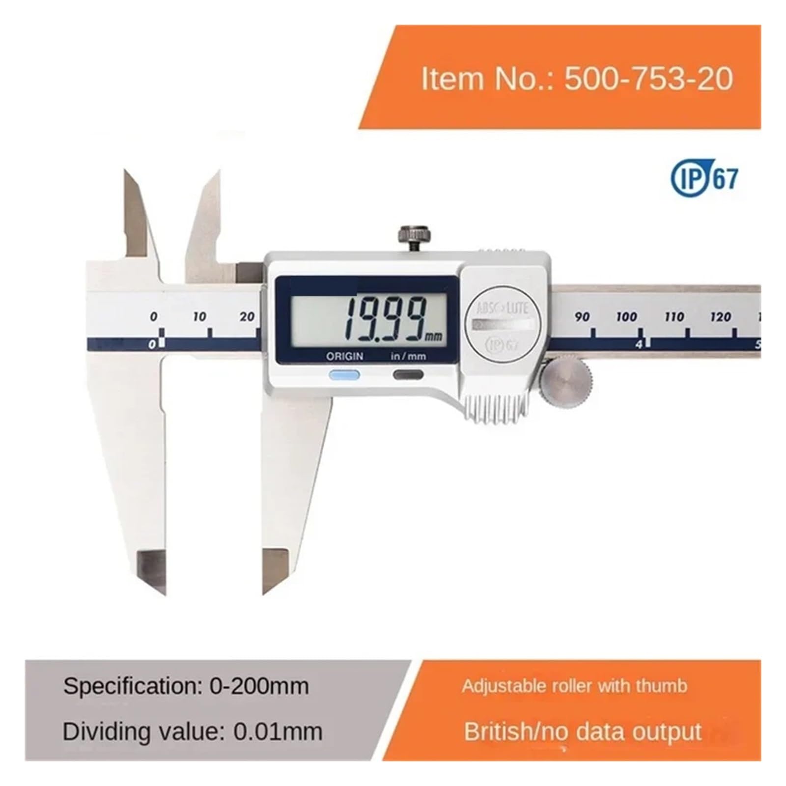 Calibri digitali 500-752-20 IP67 Resistente all'acqua e alla polvere ABS 150mm/200mm/300mm Calibro Strumenti di misurazione digitale per officina meccanica(500-753-20(0-200mm))