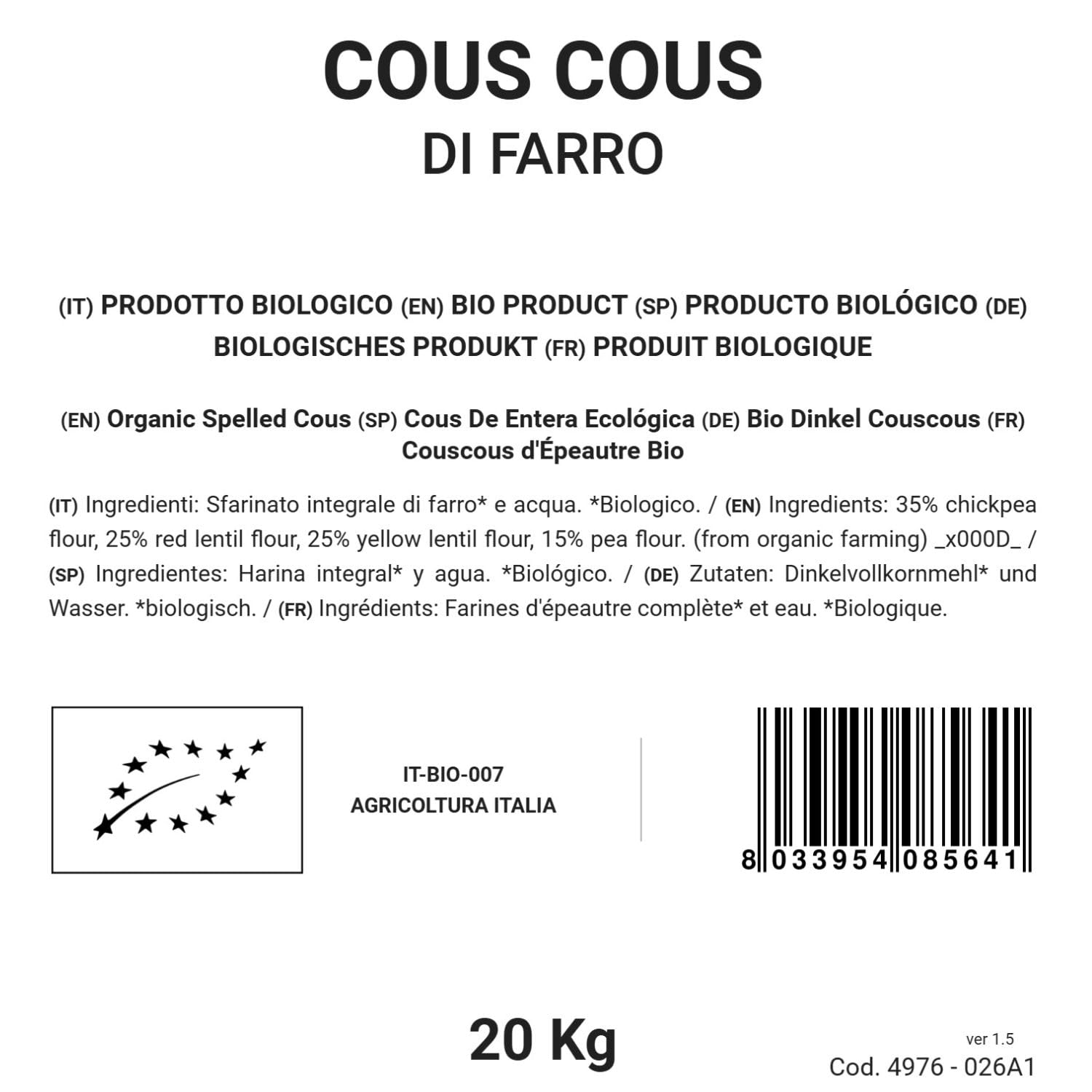Bongiovanni (Farine e bontà naturali) Cous Cous di Farro Integrale 20Kg BIO