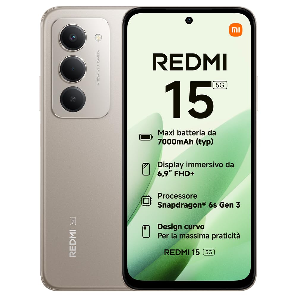 Xiaomi Redmi 15 5G, Smartphone 8+256GB, Display FHD+ da 6,9" 144Hz, Snapdragon® 6s Gen 3, Camera principale da 50MP, 7000mAh, Garanzia di 2 anni, Titanio, Caricabatterie non incluso