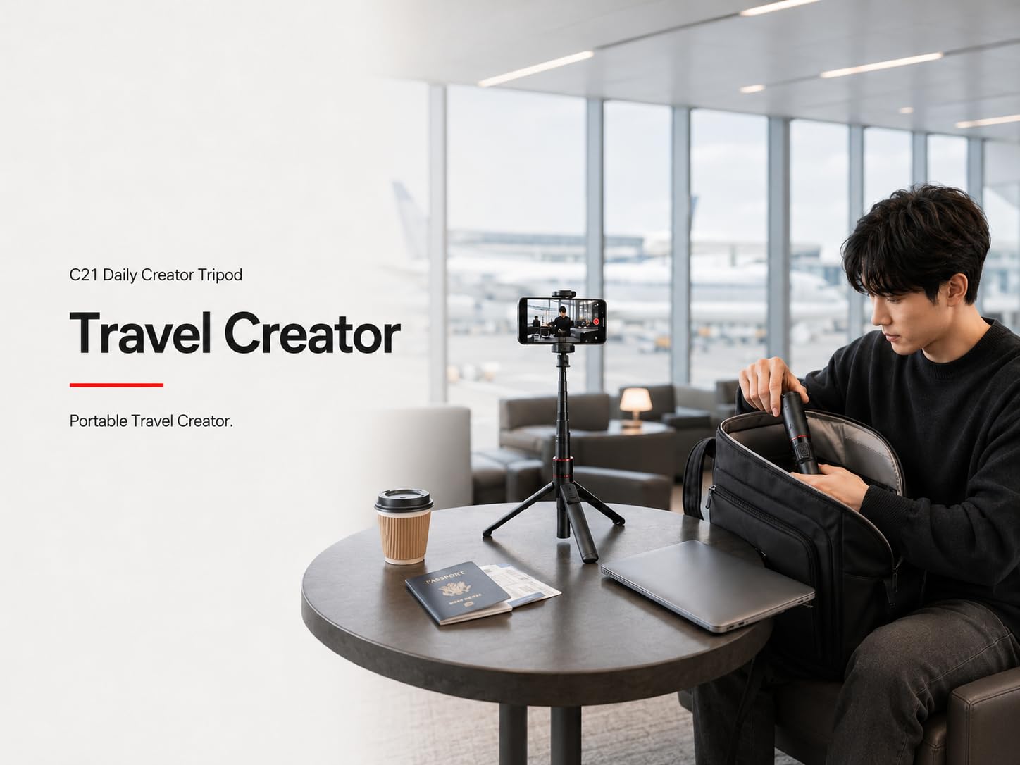 C21 - Treppiede da 134,6 cm tutto in uno, per selfie stick, portatile, leggero, con telecomando wireless, supporto da viaggio estensibile per iPhone Android, Vlog, registrazione video