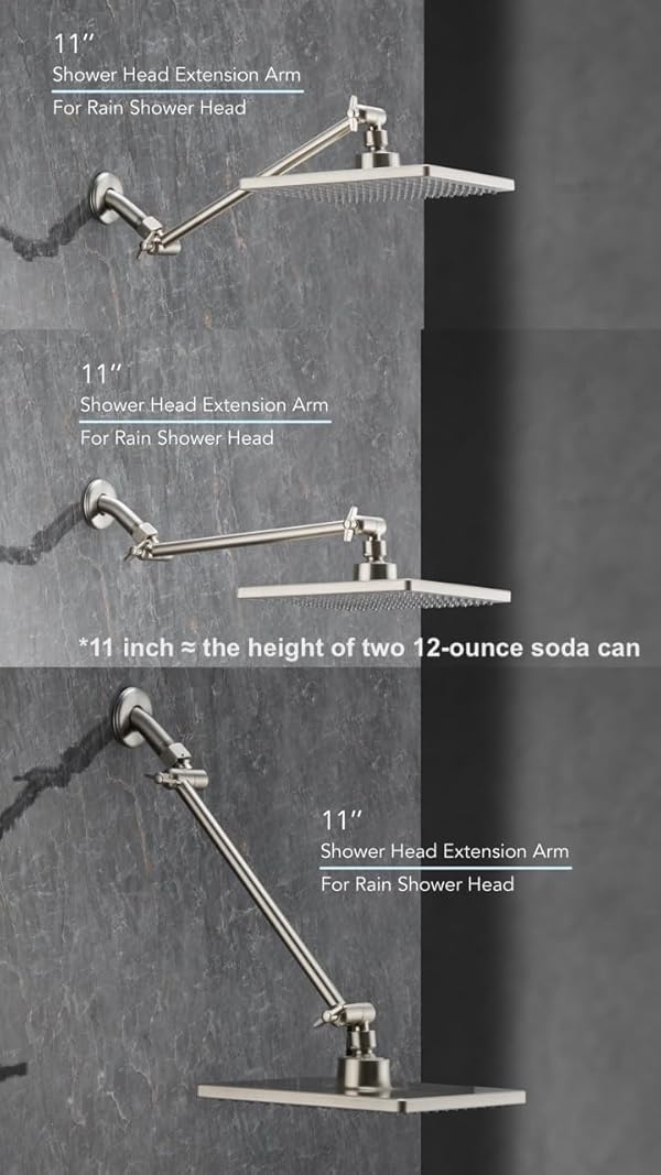 11 Inch Adjustable Shower Head Extension Arm With Locking Set Screw, Singing Rain 304 Stainless Steel Nickel Brushed Angle Height Adjustable, G1/2 Universal Connector Compatible (Nickel Brushed) by Singing Rain - Image 3