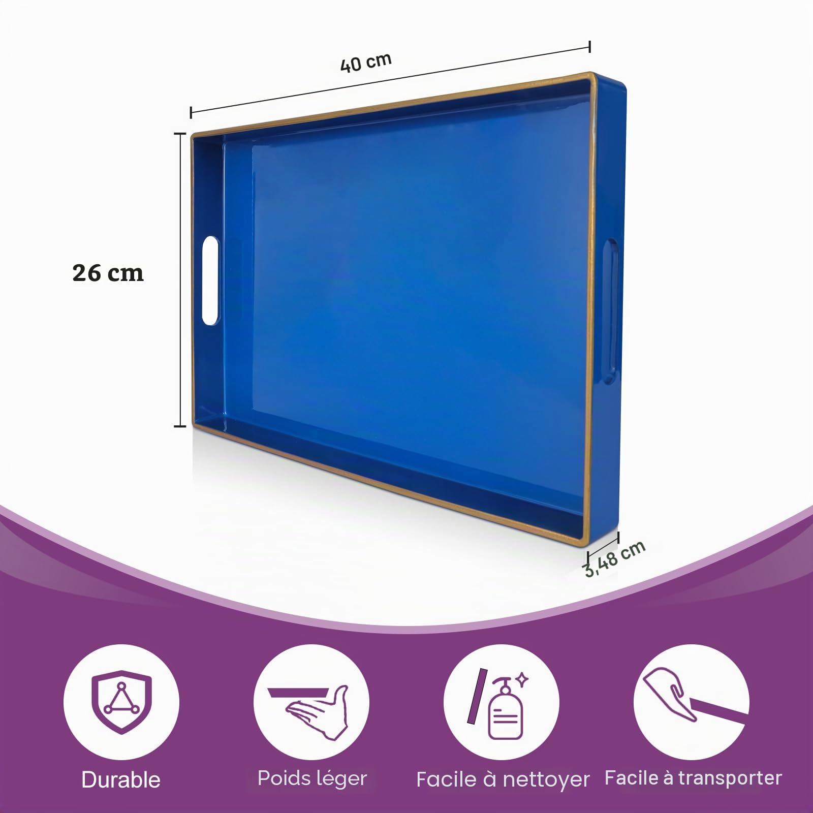 Gifturbo Plateau de service décoratif avec poignées, plateau rectangulaire en plastique ottomane pour salon, salle de bain, 40 x 25,9 x 3,5 cm