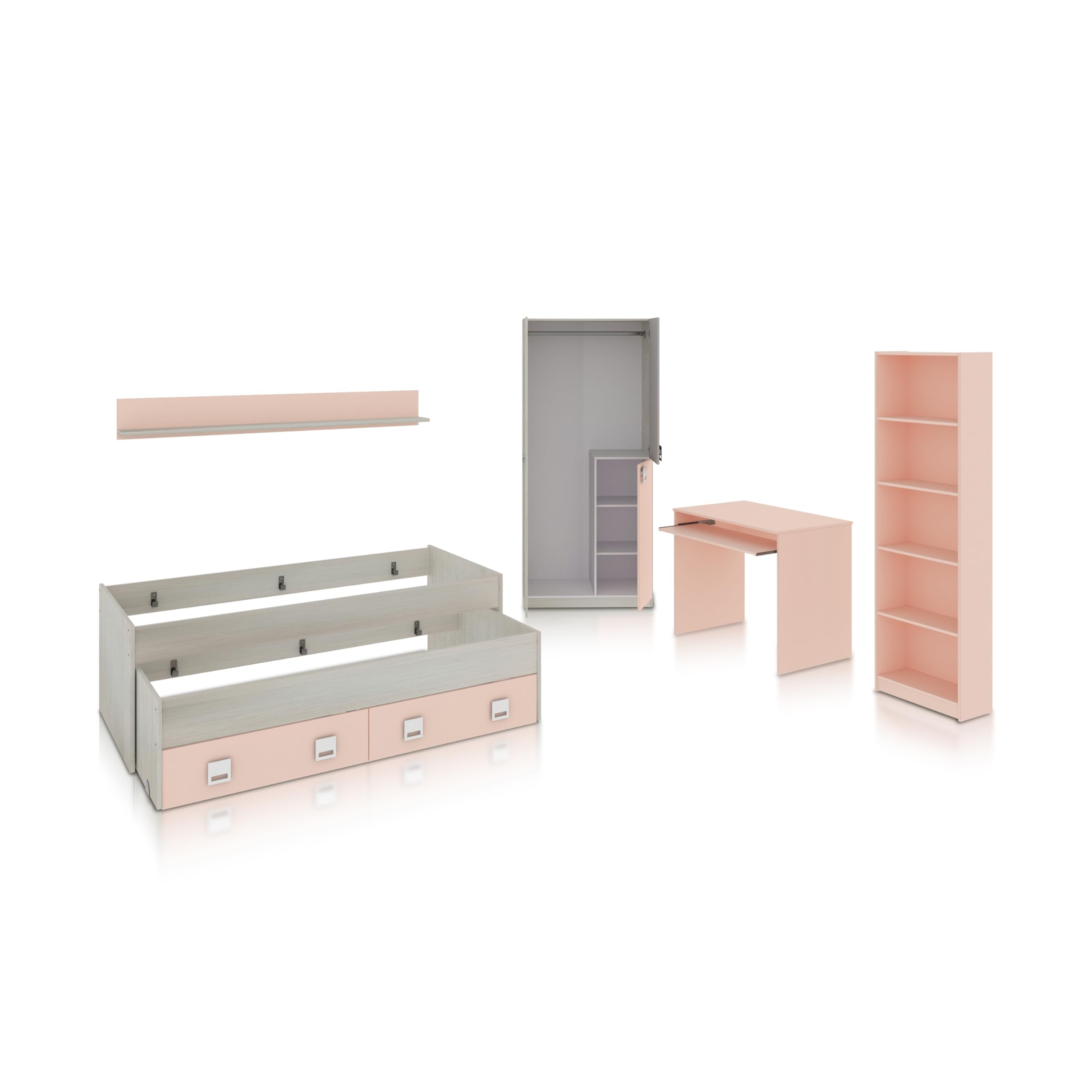 duehome | Pack de Dormitorio Juvenial con Cama Nido Juvenil, Armario, Escritorio y Estantería, Conjunto de Dormitorio Infantil, Modelo Kenia MAX, Acabado en Blanco Alpes, Rosa Pastel y Gris